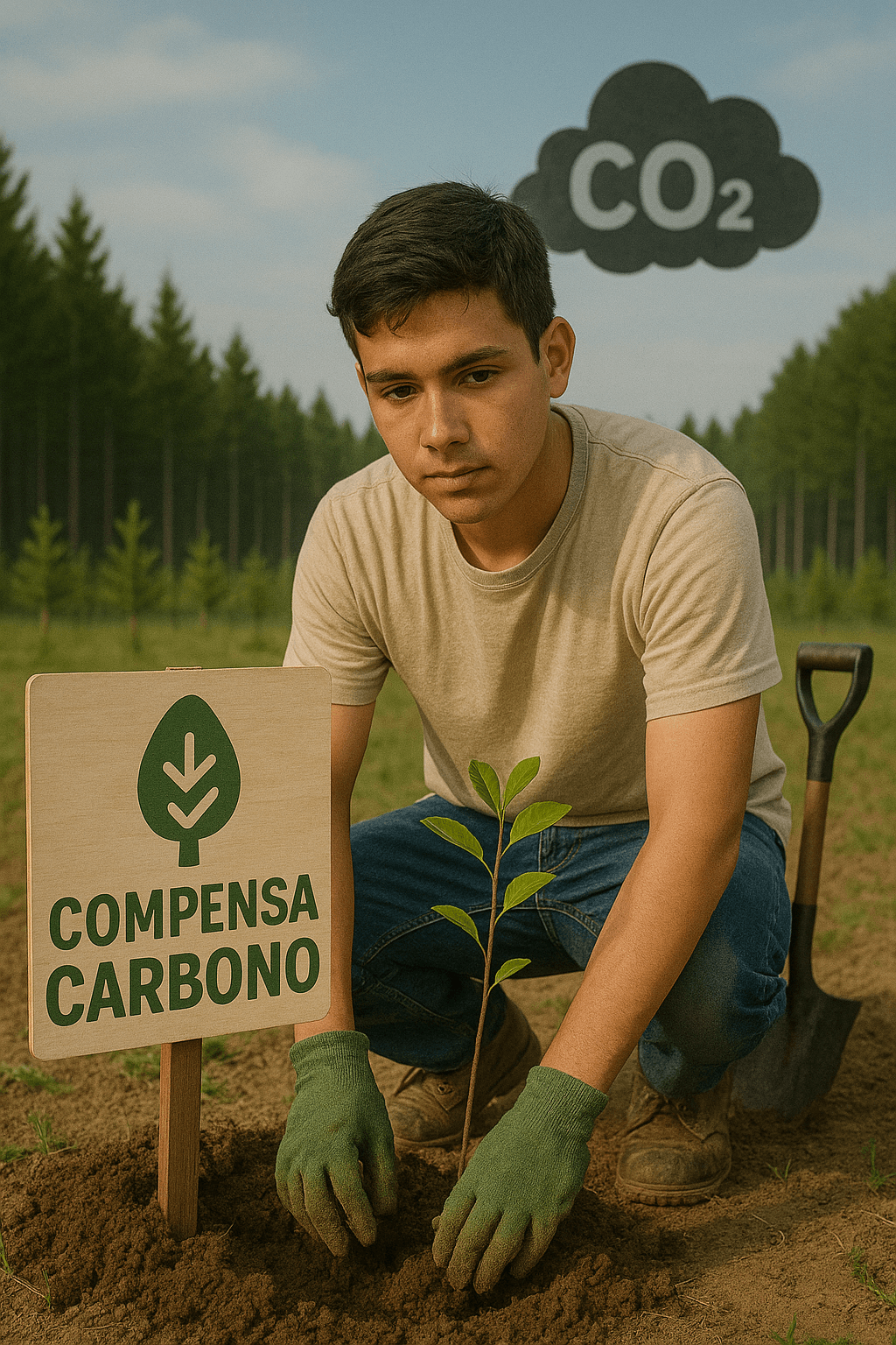 Joven plantando un árbol para compensar carbono